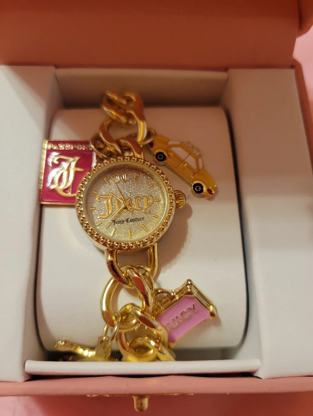 Juicy Couture Gold-tone Bracelet with Pink Enamel Charms